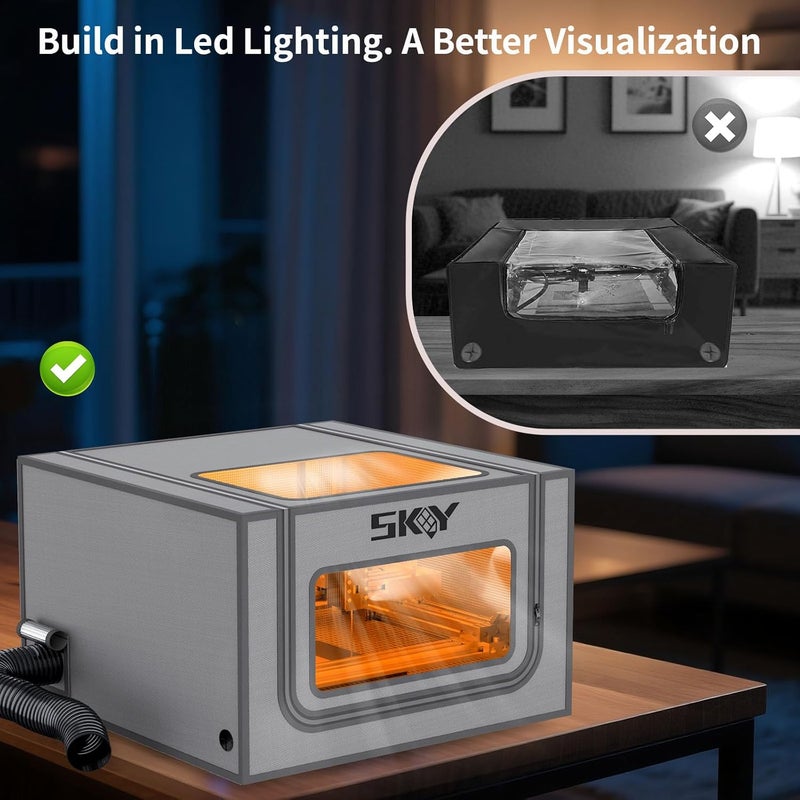 Skouphy Laser Engraver Integrated Enclosure with LED Light, Fireproof and Dustproof Protective Cover 28.3 * 28.3 * 15.7, Exhaust Fan 4500RPM and Pipe, Against Smoke Odor and Noise Eye Protection -Grey - Image 4